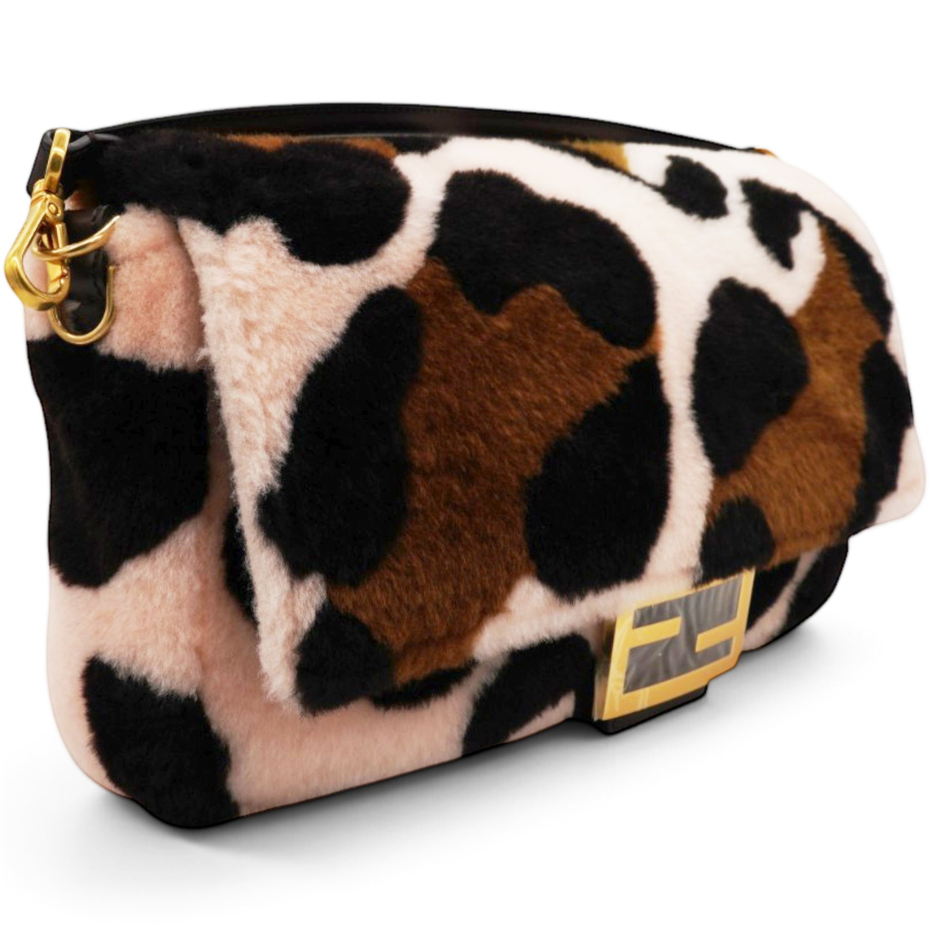 Fendi Shearling Vitello Dolce Leopard Print Large Baguette Pink Brown Multicolor 