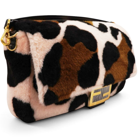 Fendi Shearling Vitello Dolce Leopard Print Large Baguette Pink Brown Multicolor 
