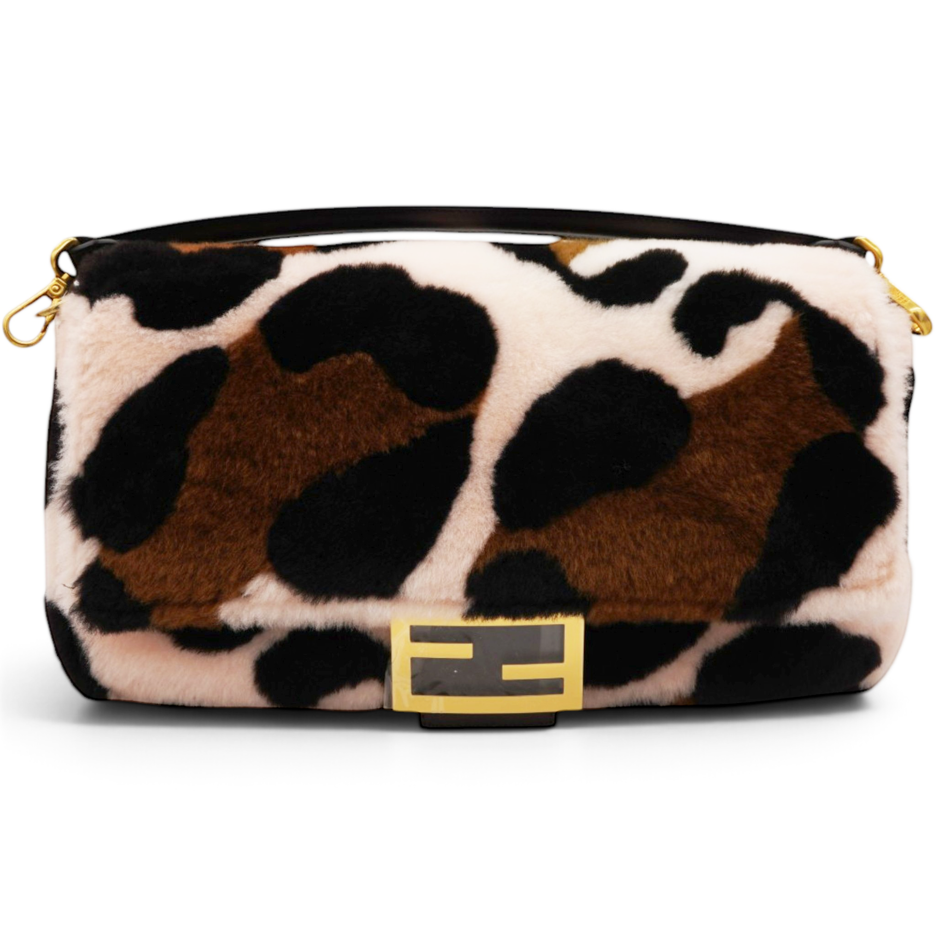 Fendi Shearling Vitello Dolce Leopard Print Large Baguette Pink Brown Multicolor 