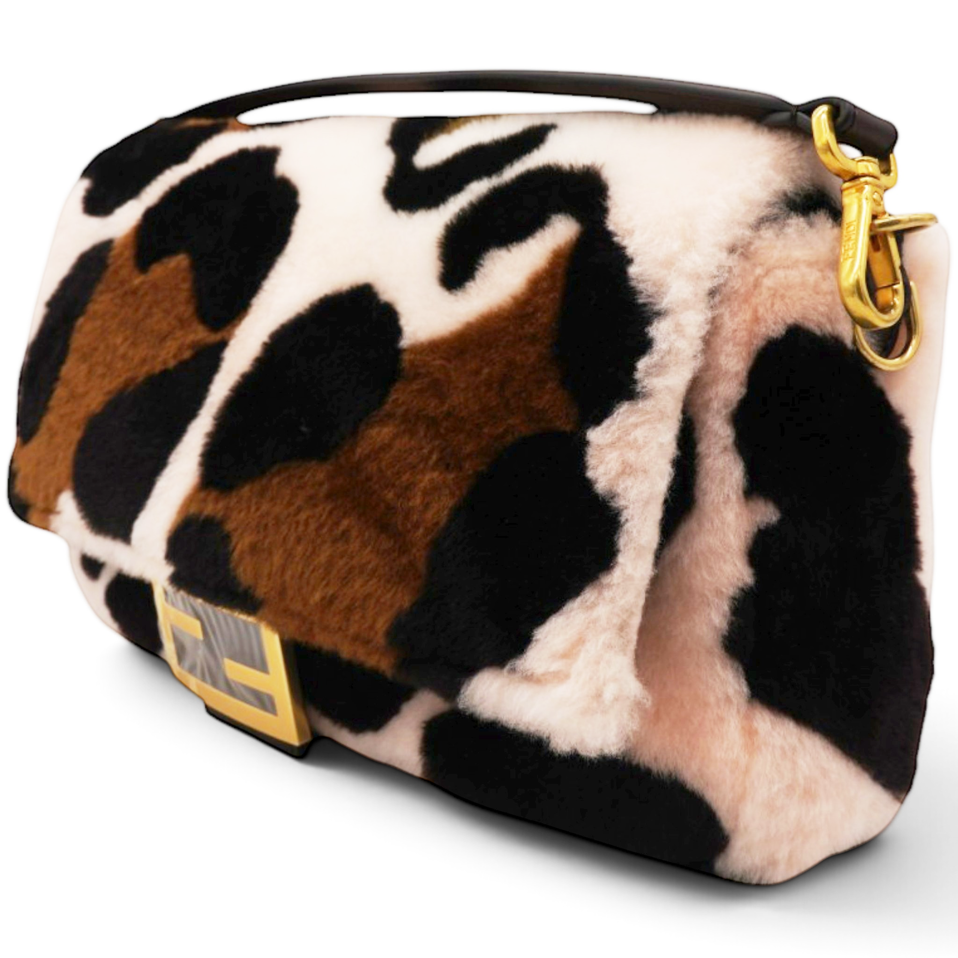 Fendi Shearling Vitello Dolce Leopard Print Large Baguette Pink Brown Multicolor 