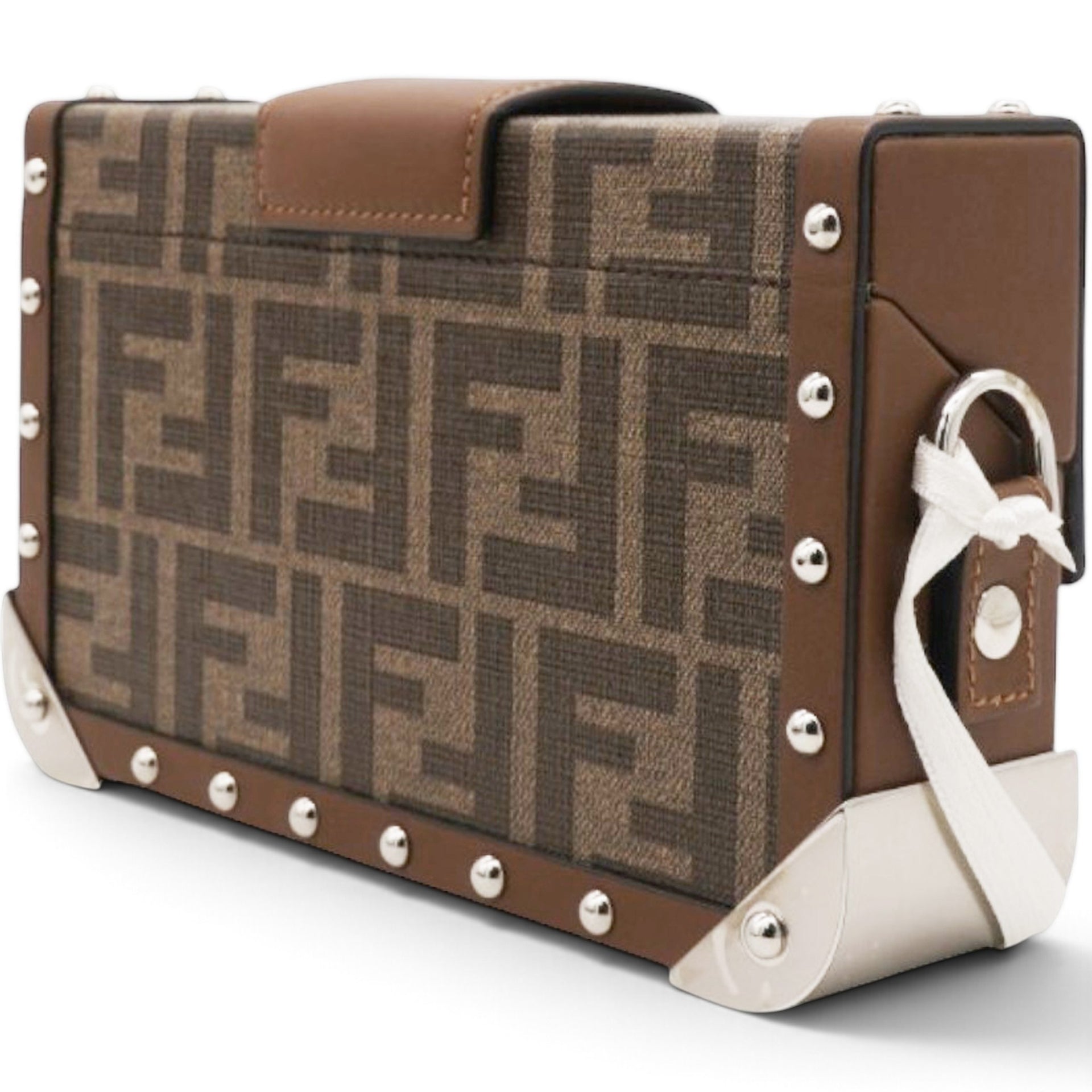 Fendi Shiny Glazed Fabric Vachetta FF 1974 Baguette Trunk Mogano Panna Cuoio 