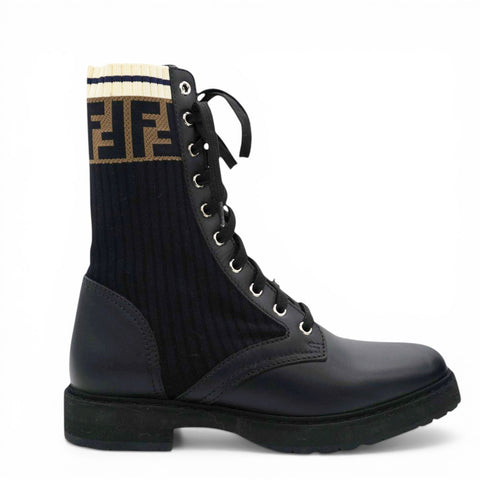 Fendi Stretch Fabric Rockoko Biker Boots Tobacco Black Marino Size38 
