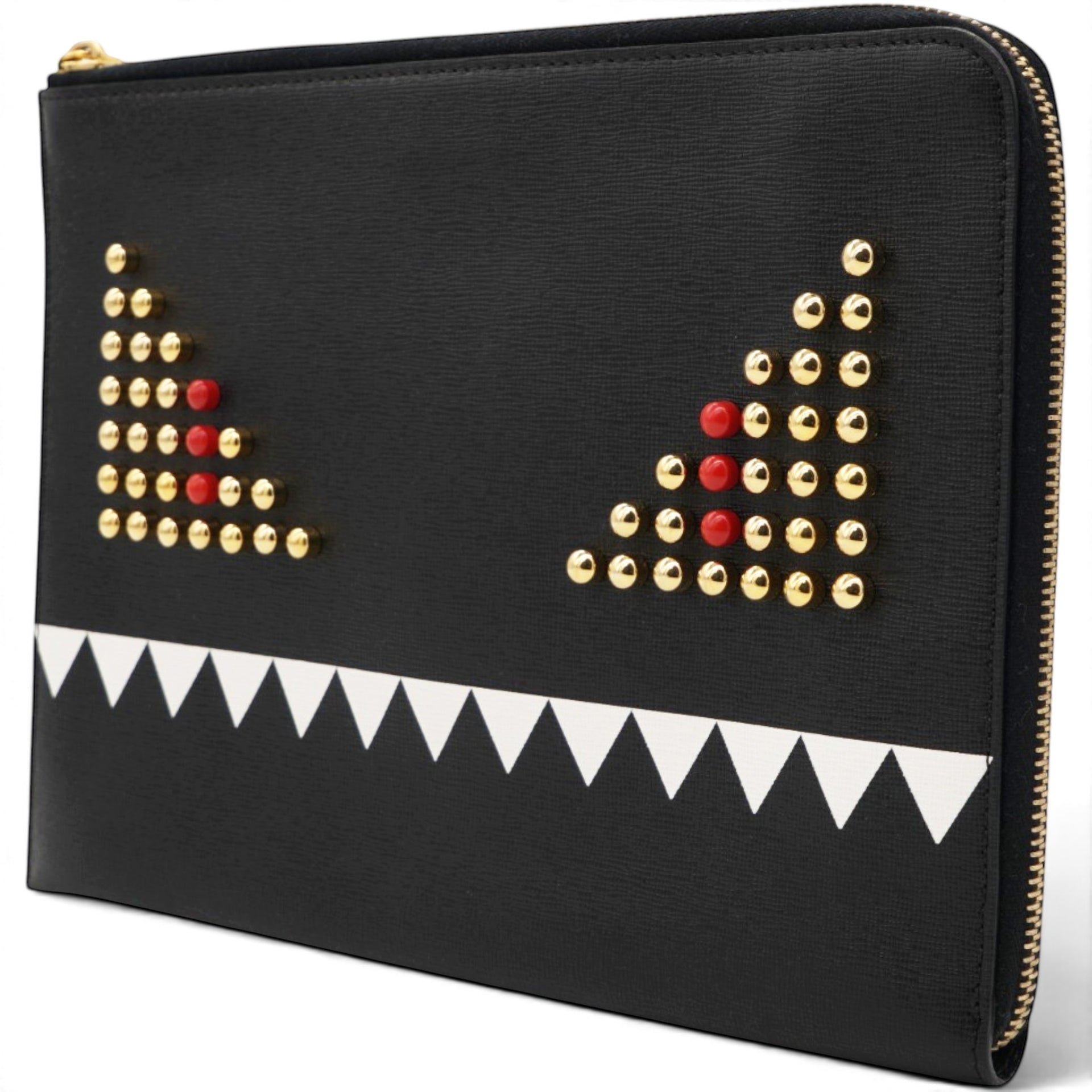 Fendi Vitello Elite Monster Eyes Studded Zip Around Pouch Black 