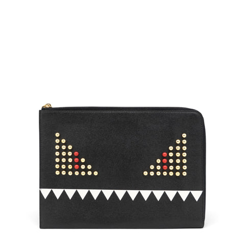 Fendi Vitello Elite Monster Eyes Studded Zip Around Pouch Black 