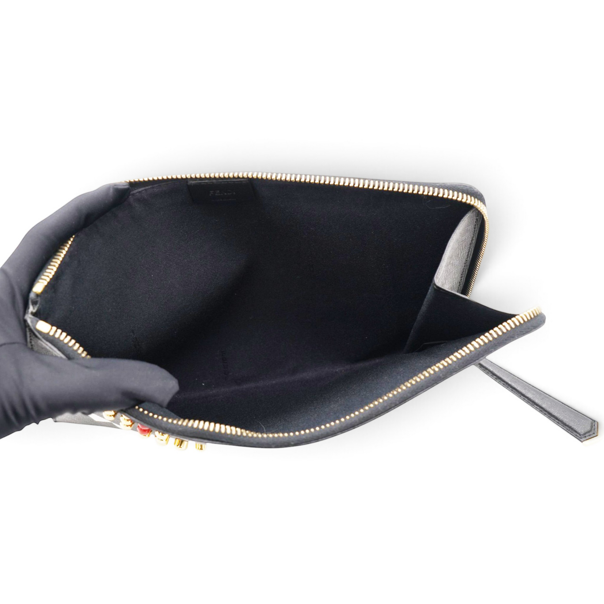 Fendi Vitello Elite Monster Eyes Studded Zip Around Pouch Black 