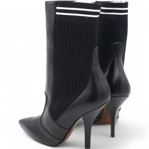  Fendi Vitello Lucido Stretch Fabric Striped Rockoko 105mm Sock Boots Black Size37 