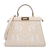  Fendi Vitello Seta Shiny Nappa Floral Embroidered Petite Peekaboo I SEE U Satchel Camelia White Ice 