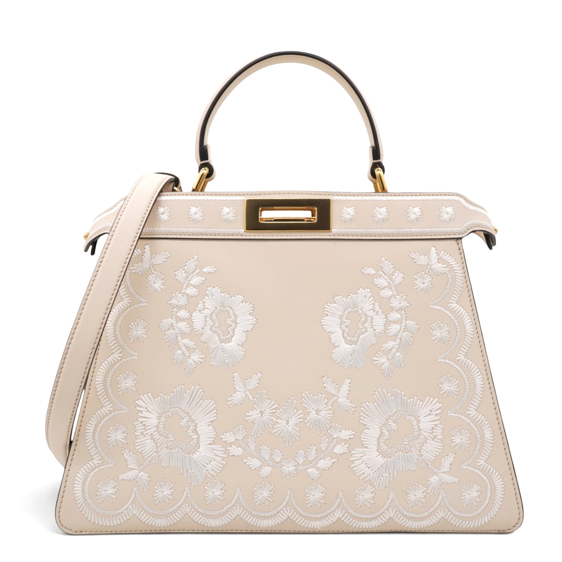  Fendi Vitello Seta Shiny Nappa Floral Embroidered Petite Peekaboo I SEE U Satchel Camelia White Ice 