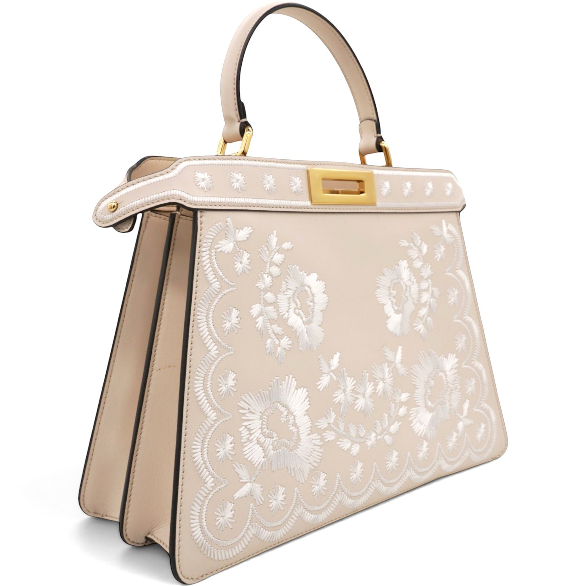  Fendi Vitello Seta Shiny Nappa Floral Embroidered Petite Peekaboo I SEE U Satchel Camelia White Ice 