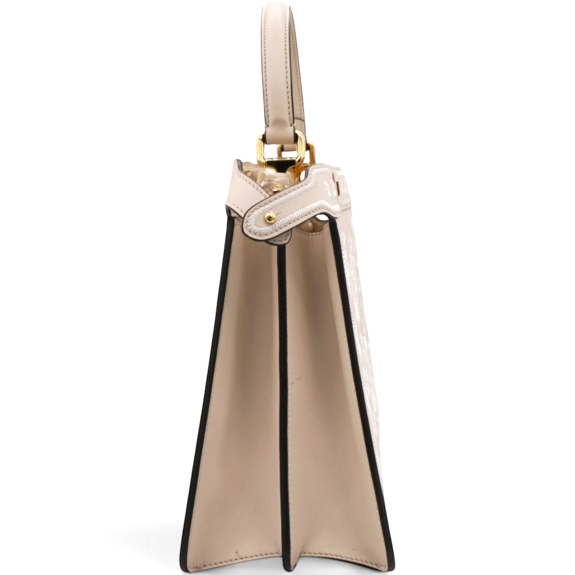  Fendi Vitello Seta Shiny Nappa Floral Embroidered Petite Peekaboo I SEE U Satchel Camelia White Ice  