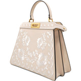  Fendi Vitello Seta Shiny Nappa Floral Embroidered Petite Peekaboo I SEE U Satchel Camelia White Ice  