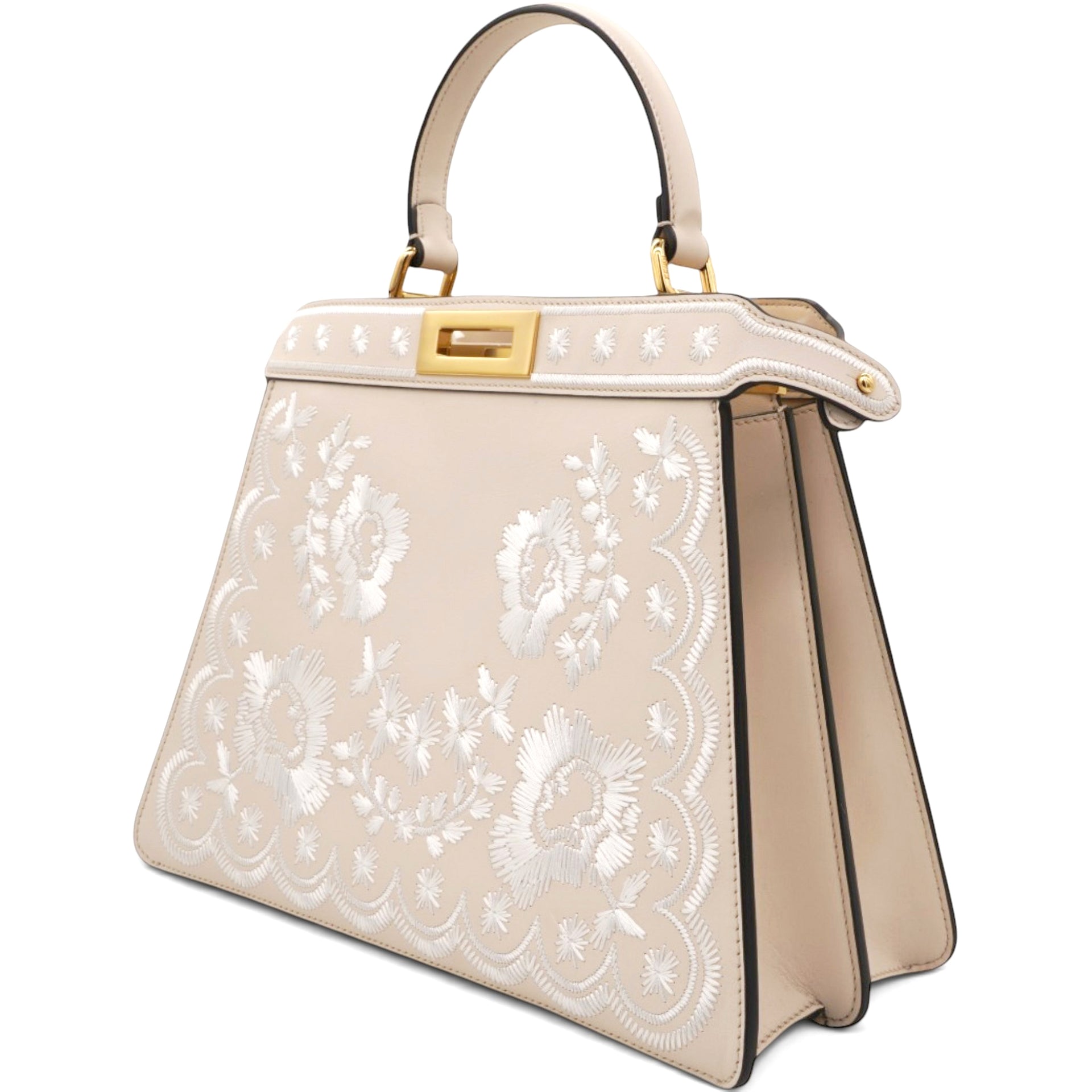  Fendi Vitello Seta Shiny Nappa Floral Embroidered Petite Peekaboo I SEE U Satchel Camelia White Ice  