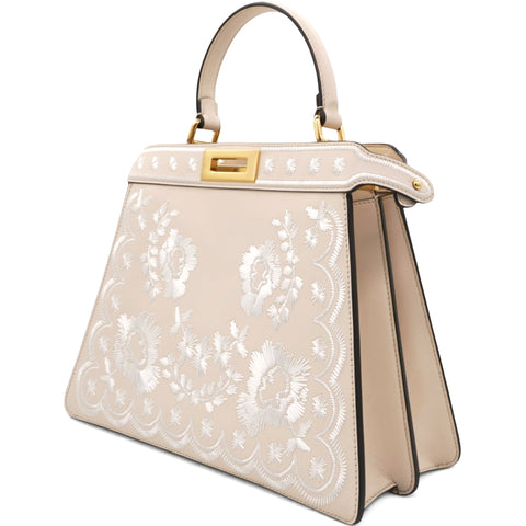  Fendi Vitello Seta Shiny Nappa Floral Embroidered Petite Peekaboo I SEE U Satchel Camelia White Ice  