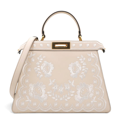  Fendi Vitello Seta Shiny Nappa Floral Embroidered Petite Peekaboo I SEE U Satchel Camelia White Ice 