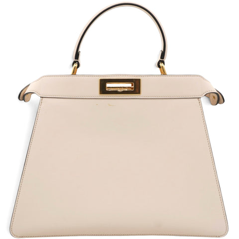  Fendi Vitello Seta Shiny Nappa Floral Embroidered Petite Peekaboo I SEE U Satchel Camelia White Ice  
