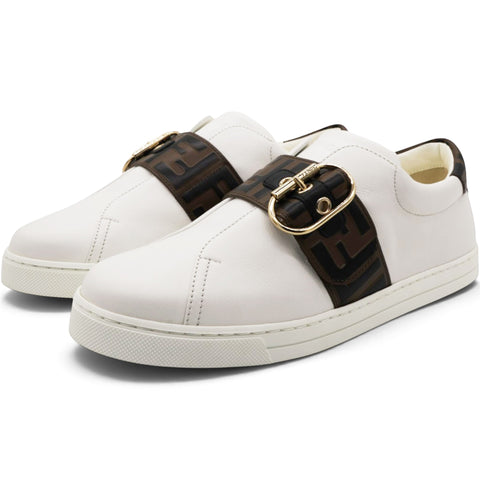 Fendi White/Brown Leather FF Low Top Sneakers Size39 