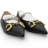 GUCCI Black Leather Deva Horesebit Chain Link Ballet Flats Size38 