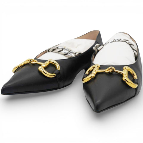 GUCCI Black Leather Deva Horesebit Chain Link Ballet Flats Size38 