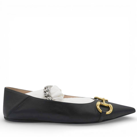 GUCCI Black Leather Deva Horesebit Chain Link Ballet Flats Size38 