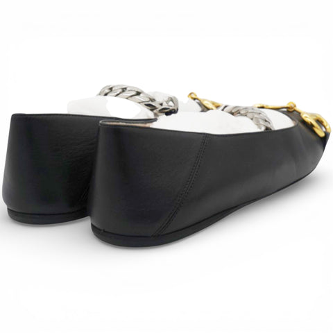 GUCCI Black Leather Deva Horesebit Chain Link Ballet Flats Size38 