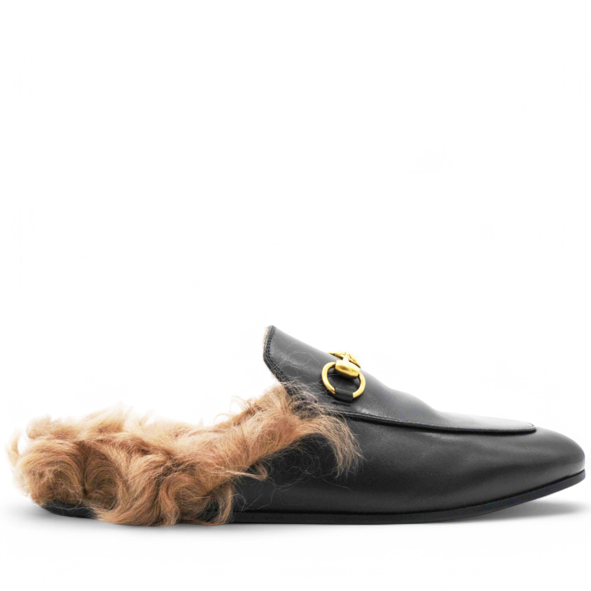 GUCCI Fur Womens Princetown Mules Black Size36 