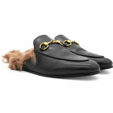 GUCCI Fur Womens Princetown Mules Black Size36 