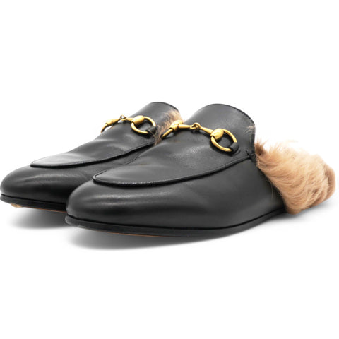 GUCCI Fur Womens Princetown Mules Black Size36 
