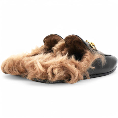 GUCCI Fur Womens Princetown Mules Black Size36 
