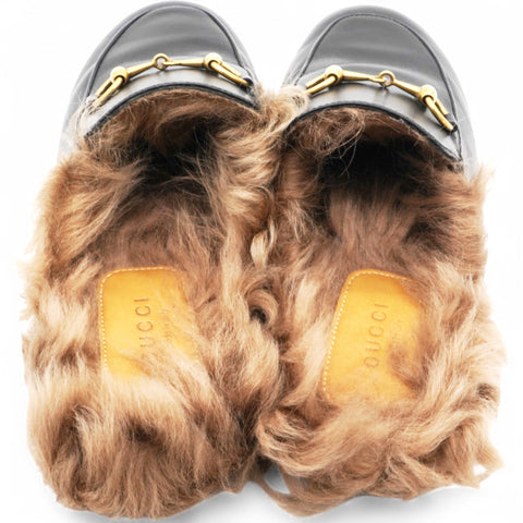 GUCCI Fur Womens Princetown Mules Black Size36 