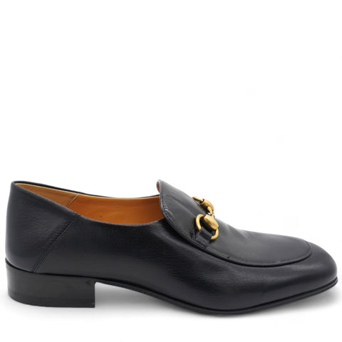 GUCCI Goatskin Womens Horsebit Mid-Heel Loafers Black Size39 