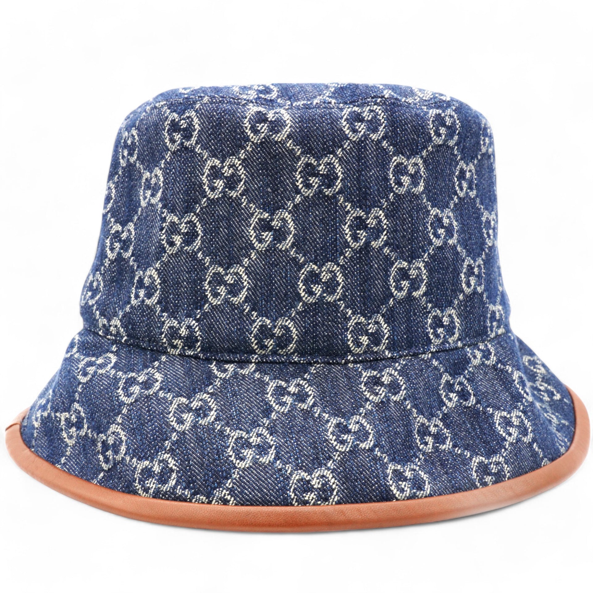 GUCCI Washed Jacquard Denim Nappa GG Monogram Oscar Bucket Hat Denim Cuir  L/59  