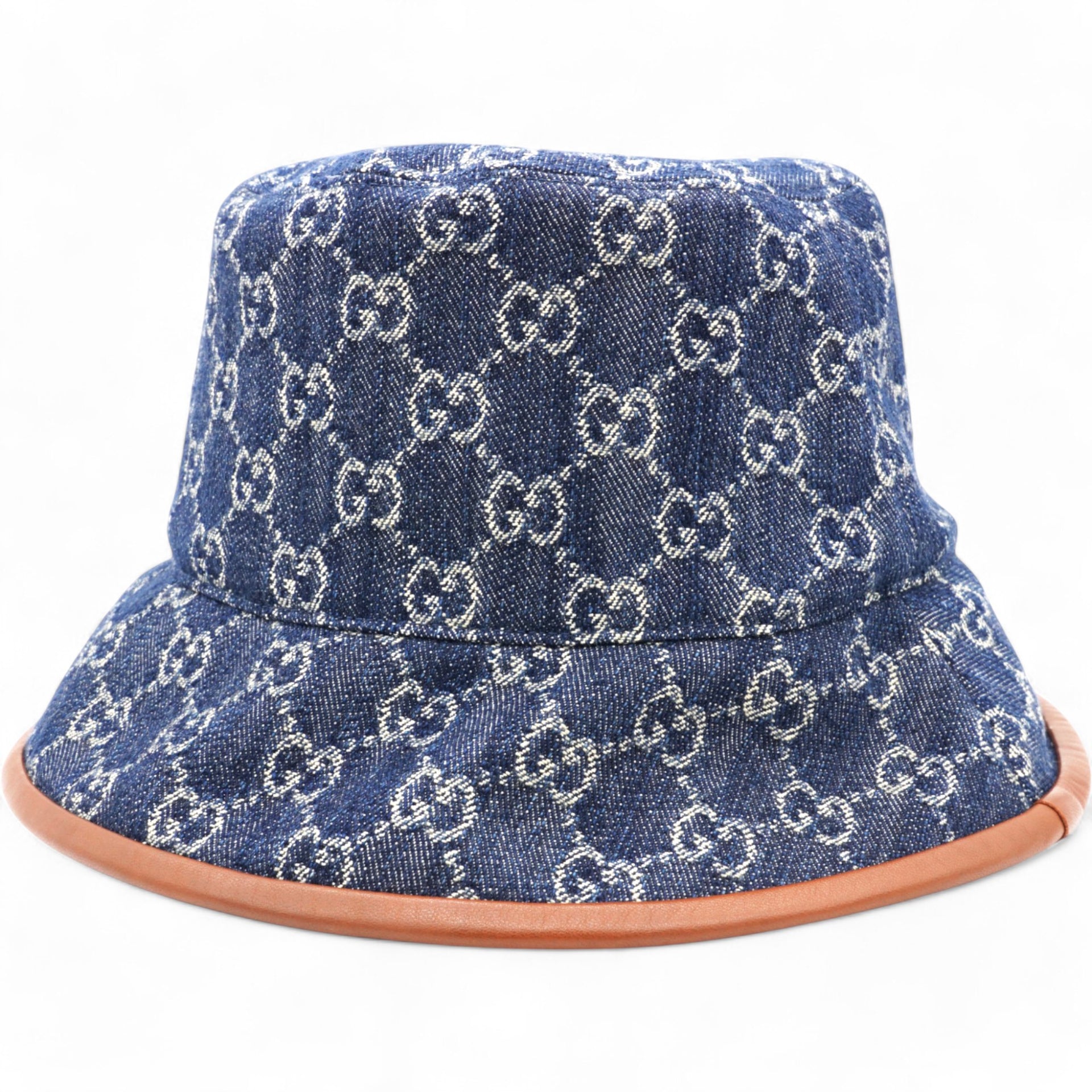 GUCCI Washed Jacquard Denim Nappa GG Monogram Oscar Bucket Hat Denim Cuir  L/59  
