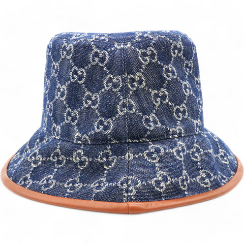GUCCI Washed Jacquard Denim Nappa GG Monogram Oscar Bucket Hat Denim Cuir  L/59  