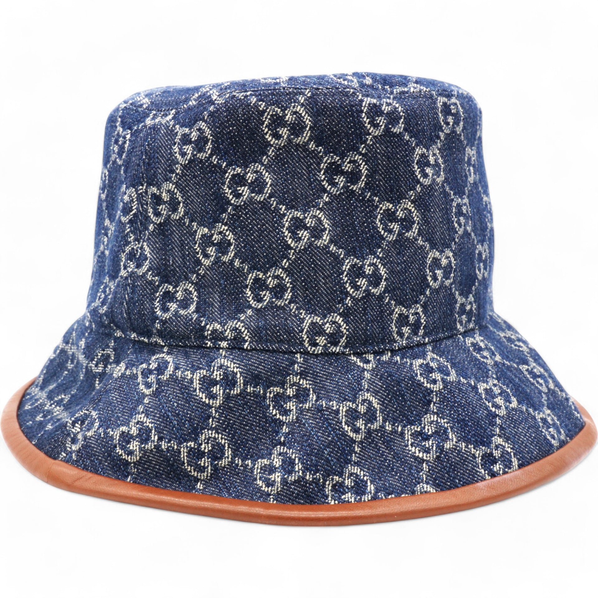GUCCI Washed Jacquard Denim Nappa GG Monogram Oscar Bucket Hat Denim Cuir  L/59  