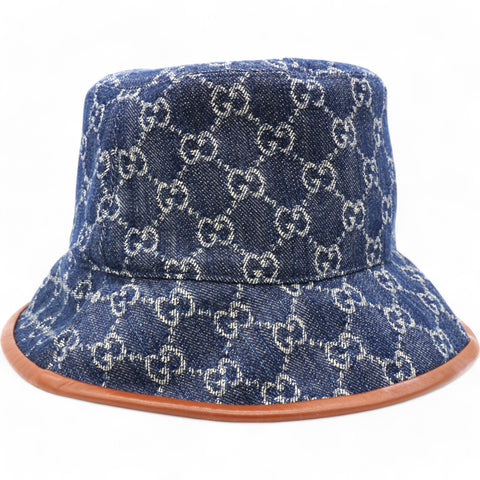 GUCCI Washed Jacquard Denim Nappa GG Monogram Oscar Bucket Hat Denim Cuir  L/59  
