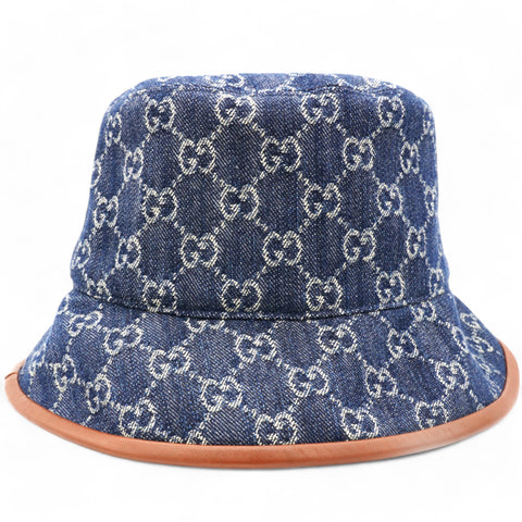 GUCCI Washed Jacquard Denim Nappa GG Monogram Oscar Bucket Hat Denim Cuir  L/59  