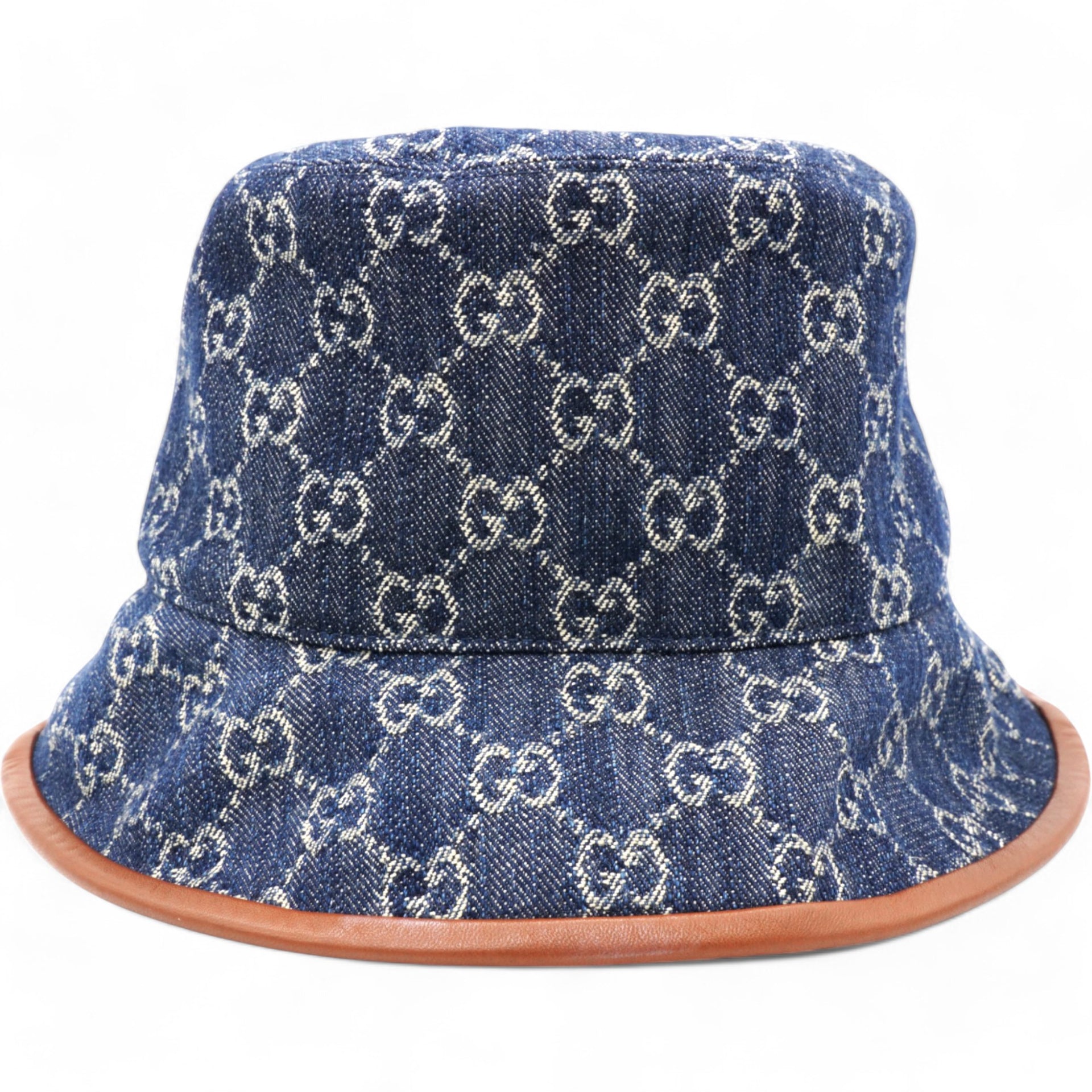 GUCCI Washed Jacquard Denim Nappa GG Monogram Oscar Bucket Hat Denim Cuir  L/59  