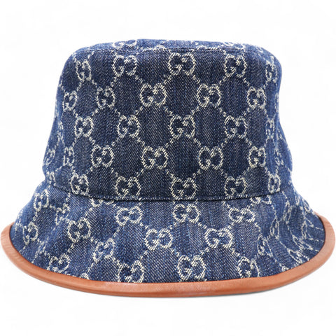 GUCCI Washed Jacquard Denim Nappa GG Monogram Oscar Bucket Hat Denim Cuir  L/59  