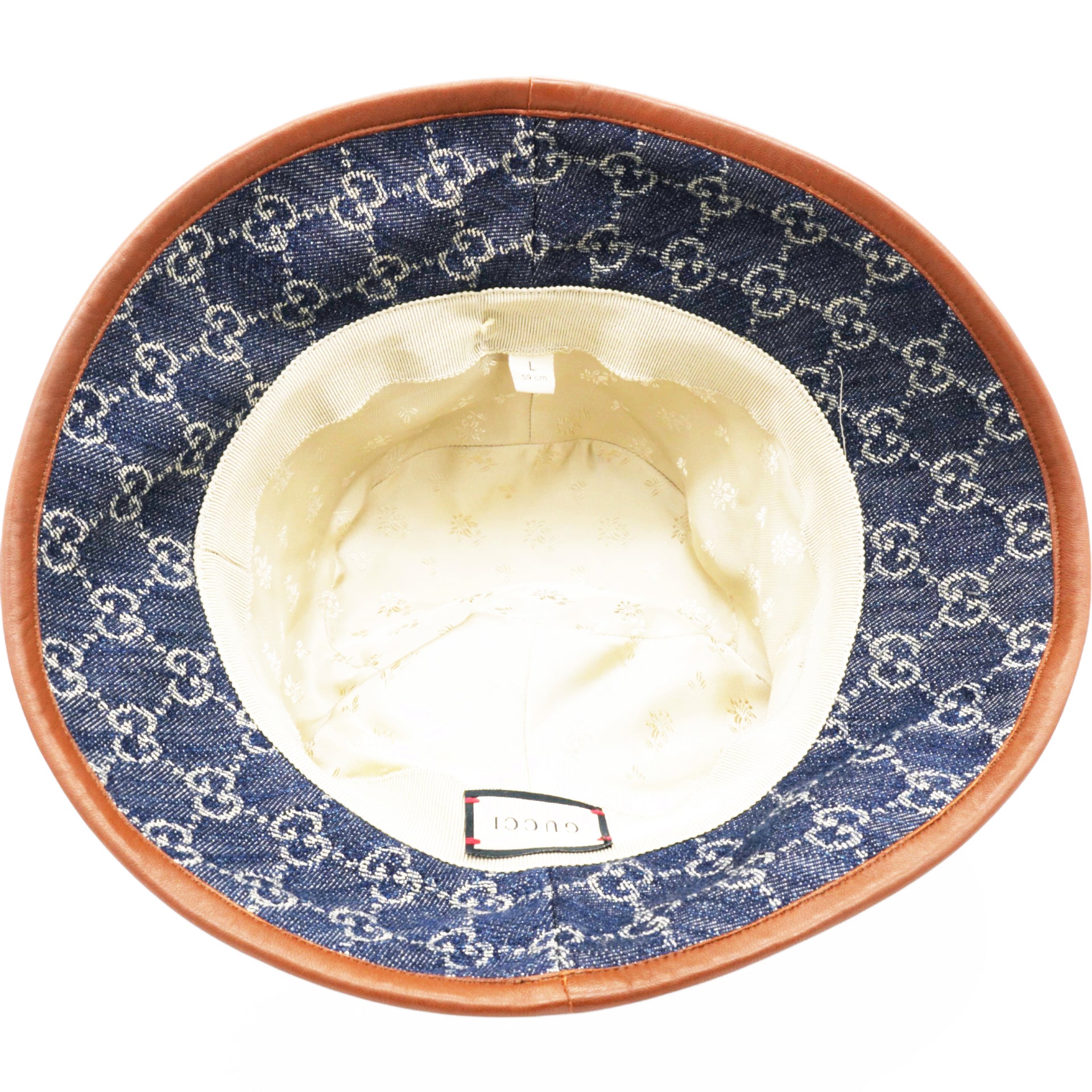 GUCCI Washed Jacquard Denim Nappa GG Monogram Oscar Bucket Hat Denim Cuir  L/59  