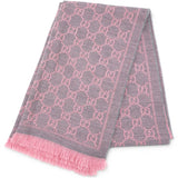 GUCCI
Wool Jacquard GG Monogram Sten Fringe Scarf Graphite Pink
 