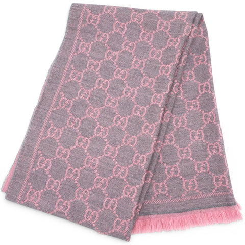 GUCCI
Wool Jacquard GG Monogram Sten Fringe Scarf Graphite Pink
 