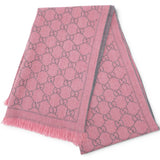 GUCCI
Wool Jacquard GG Monogram Sten Fringe Scarf Graphite Pink
 
