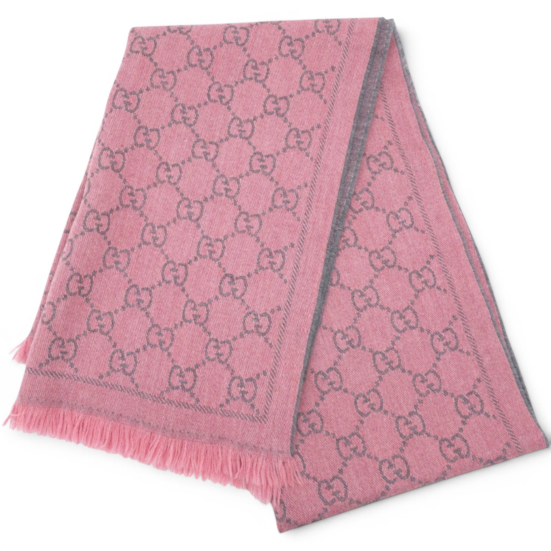 GUCCI
Wool Jacquard GG Monogram Sten Fringe Scarf Graphite Pink
 