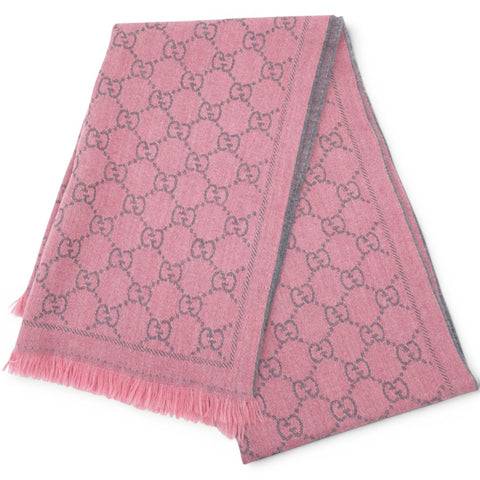 GUCCI
Wool Jacquard GG Monogram Sten Fringe Scarf Graphite Pink
 