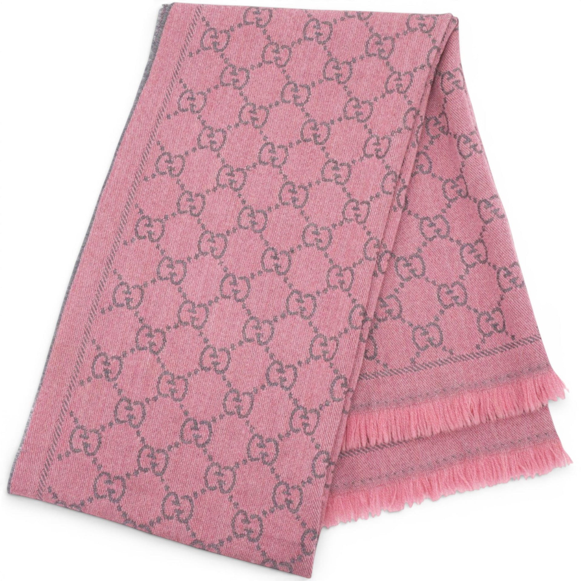 GUCCI
Wool Jacquard GG Monogram Sten Fringe Scarf Graphite Pink
 