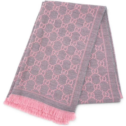 GUCCI
Wool Jacquard GG Monogram Sten Fringe Scarf Graphite Pink
 