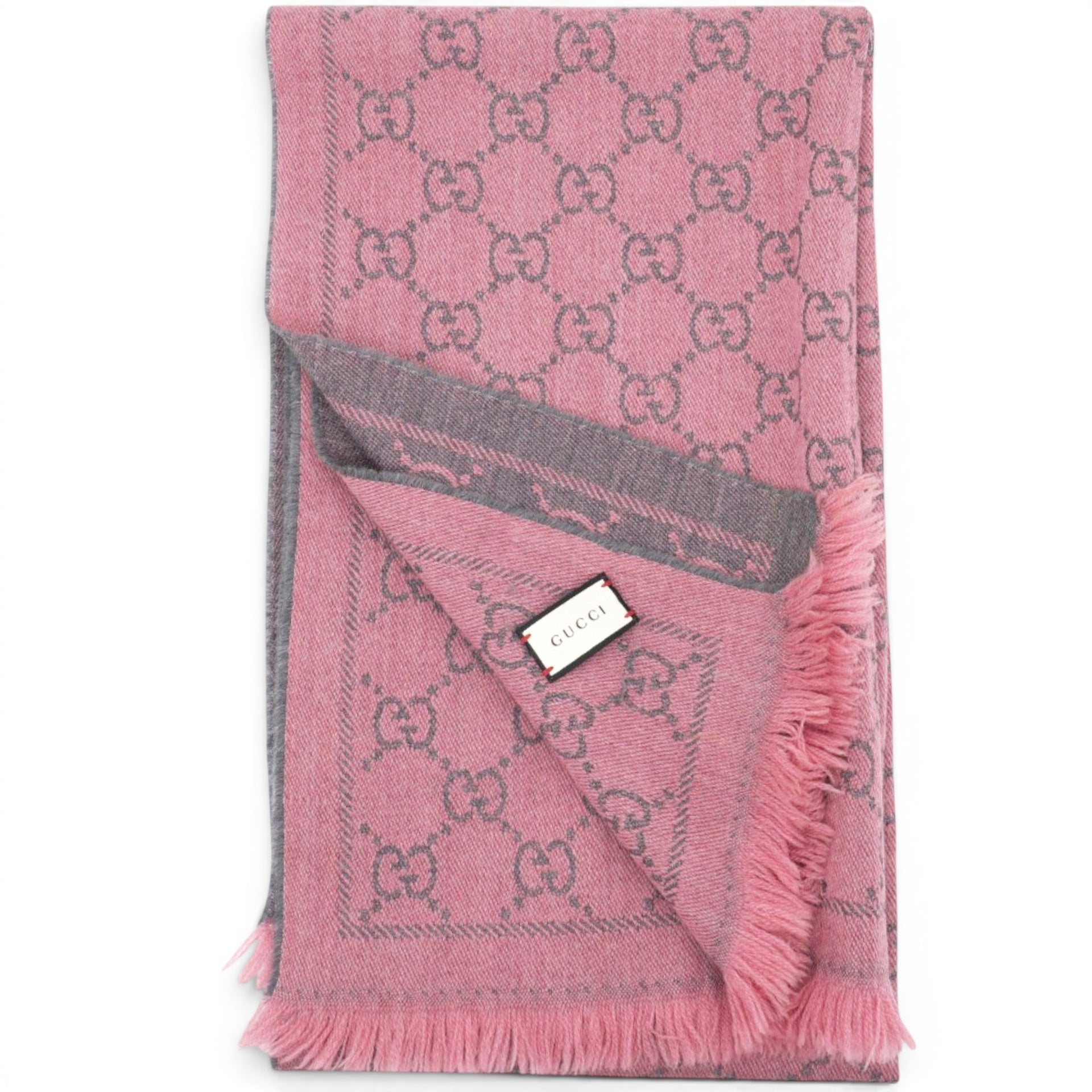 GUCCI
Wool Jacquard GG Monogram Sten Fringe Scarf Graphite Pink
 