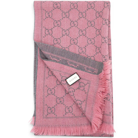 GUCCI
Wool Jacquard GG Monogram Sten Fringe Scarf Graphite Pink
 