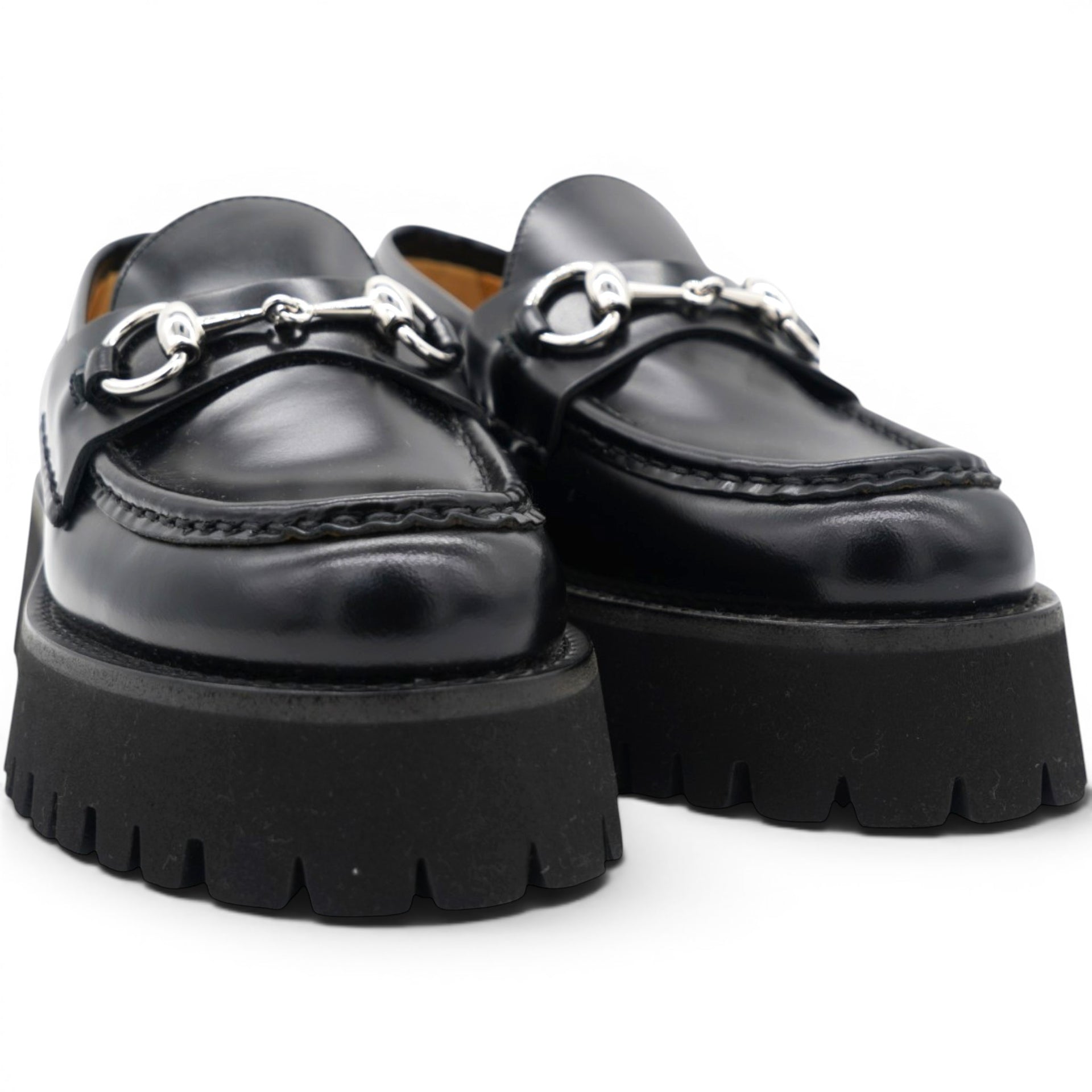 Gucci Cordovan Lux Womens Horsebit 45mm Platform Loafers Black Size35 