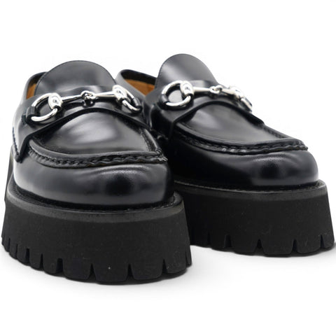 Gucci Cordovan Lux Womens Horsebit 45mm Platform Loafers Black Size35 